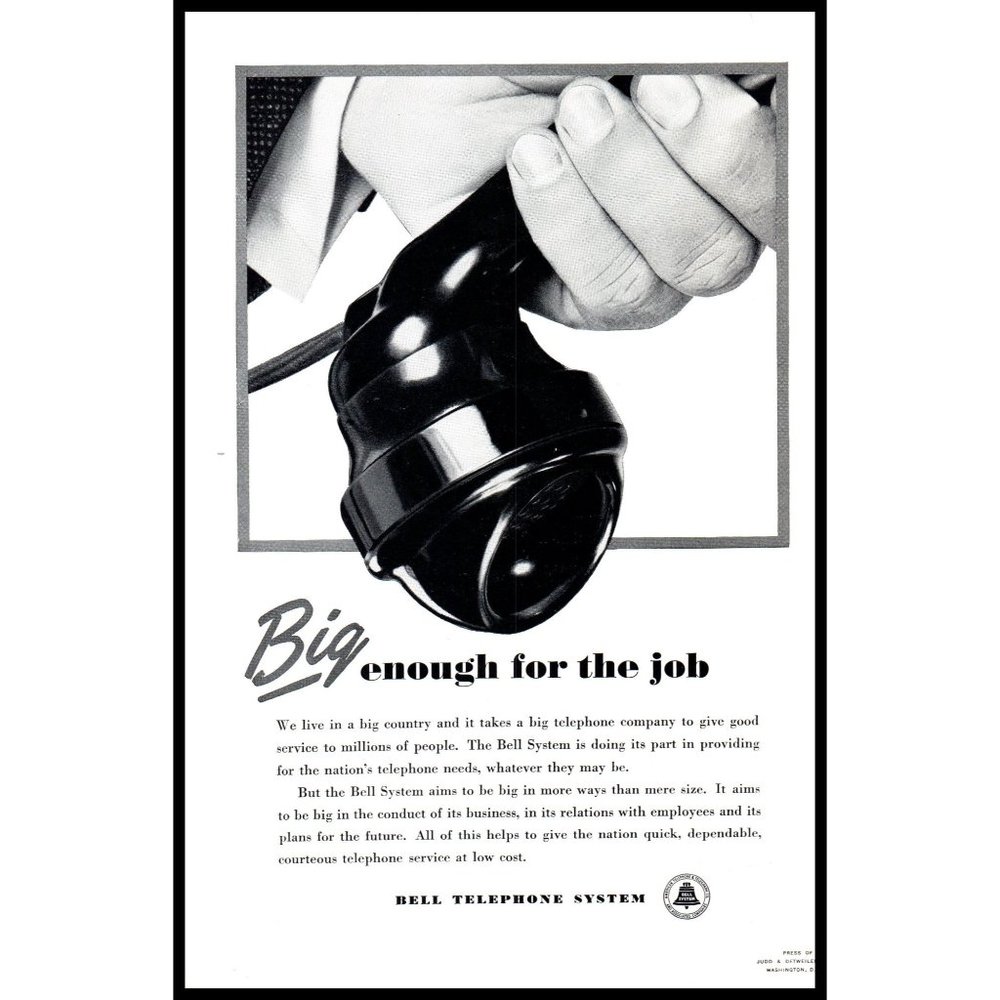 1940 Bell Telephone System Vintage Print Ad Black Receiver Hand Wall Art Photo